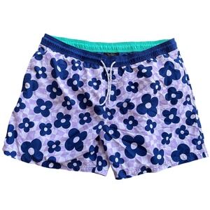 Mens Floral Checkerboard Swim Trunks Purple Blue Board Shorts Drawstring Waist